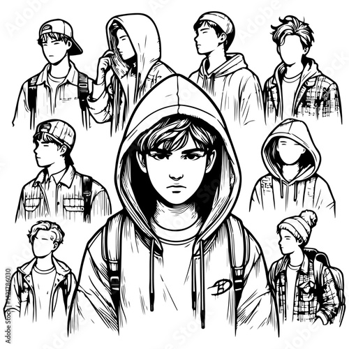 Illustration of a diverse group of business people in a circle, featuring men, women, and a boy, in a fun, vintage cartoon style with a playful design