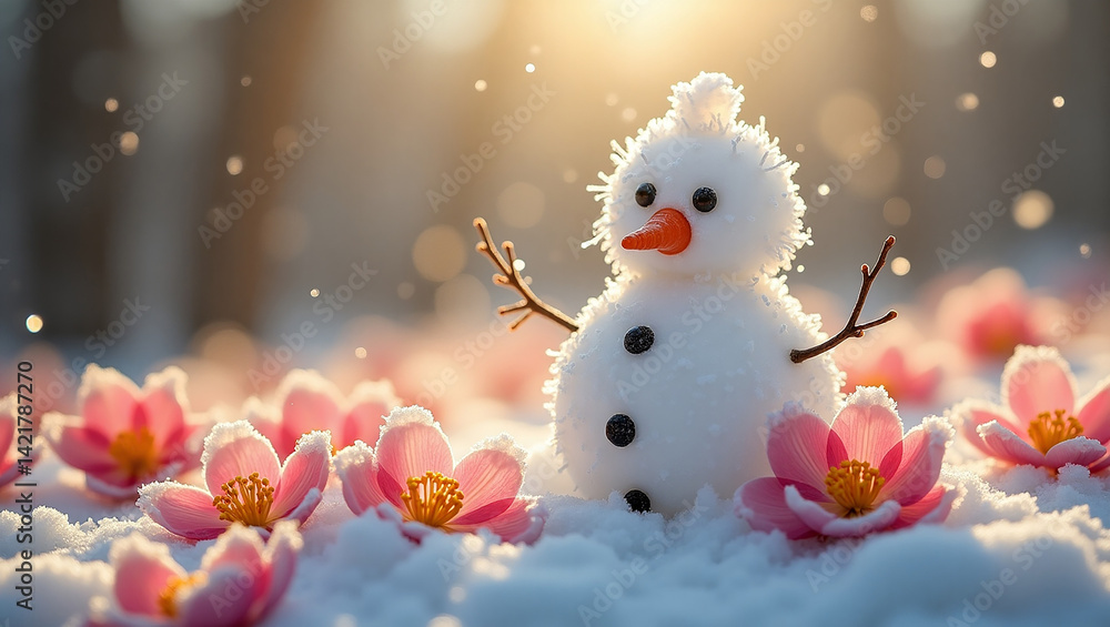 Obraz premium A charming miniature snowman nestled amongst delicate pink blossoms in a winter wonderland bathed in warm, golden sunlight.