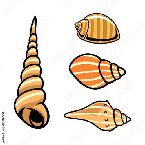 Four different seashells in vibrant tones, cartoon illustration. Ideal for ocean-themed projects, beach decor, marine education, and summer designs.