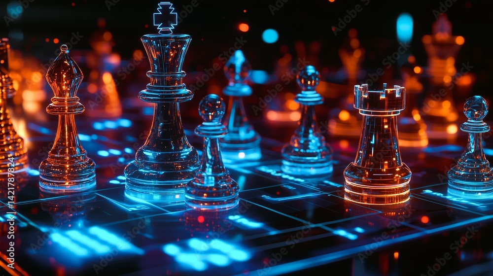 Futuristic digital chess pieces on a glowing digital board Futuristic digital chess pieces on a glowing digital board