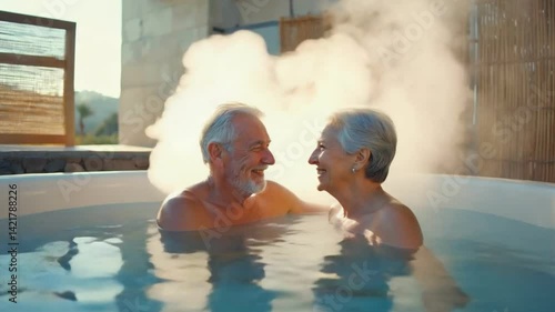 Romantic Hot Spring Bath: An elderly couple enjoys a romantic and relaxing soak in a hot spring, surrounded by steam and natural light. Their smiles express contentment and intimacy.