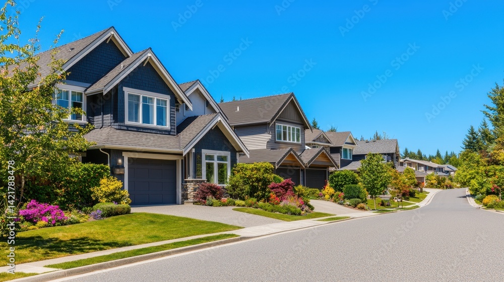 Beautiful suburban neighborhood with modern houses and landscaping Beautiful suburban neighborhood with modern houses and landscaping