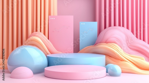 Pastel product display podium with flowing fabric backdrop