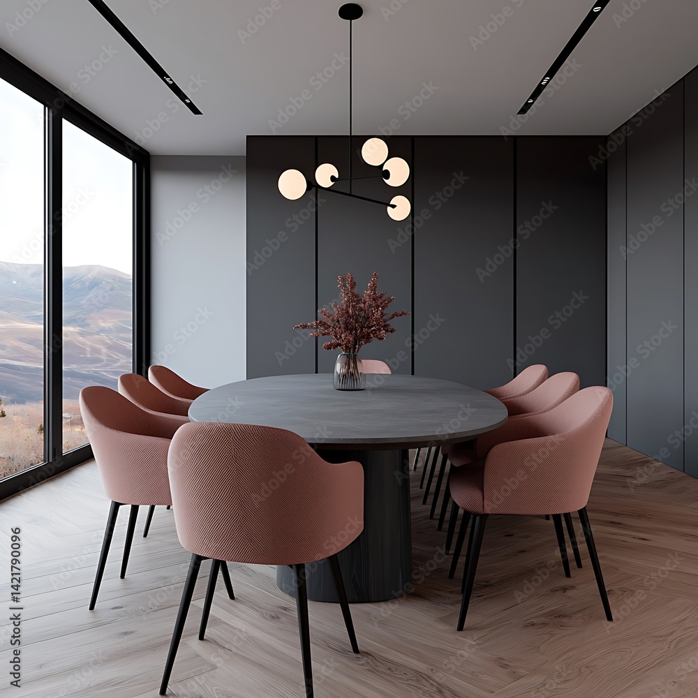 Modern Dining Room Interior with Oval Table, Blush Upholstered Chairs, Stylish Lighting, and Scenic Mountain View.