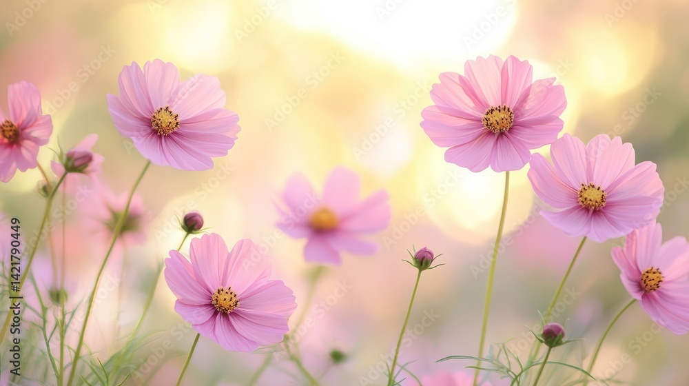 Delicate pink cosmos flowers blooming in sunlit garden setting Delicate pink cosmos flowers blooming in sunlit garden setting