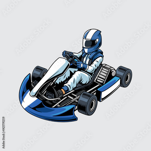 Go-Kart blue color sports automotive isolated with man driver on a light background for poster, t-shirt print, business element, social media content, blog, sticker, vlog, and card