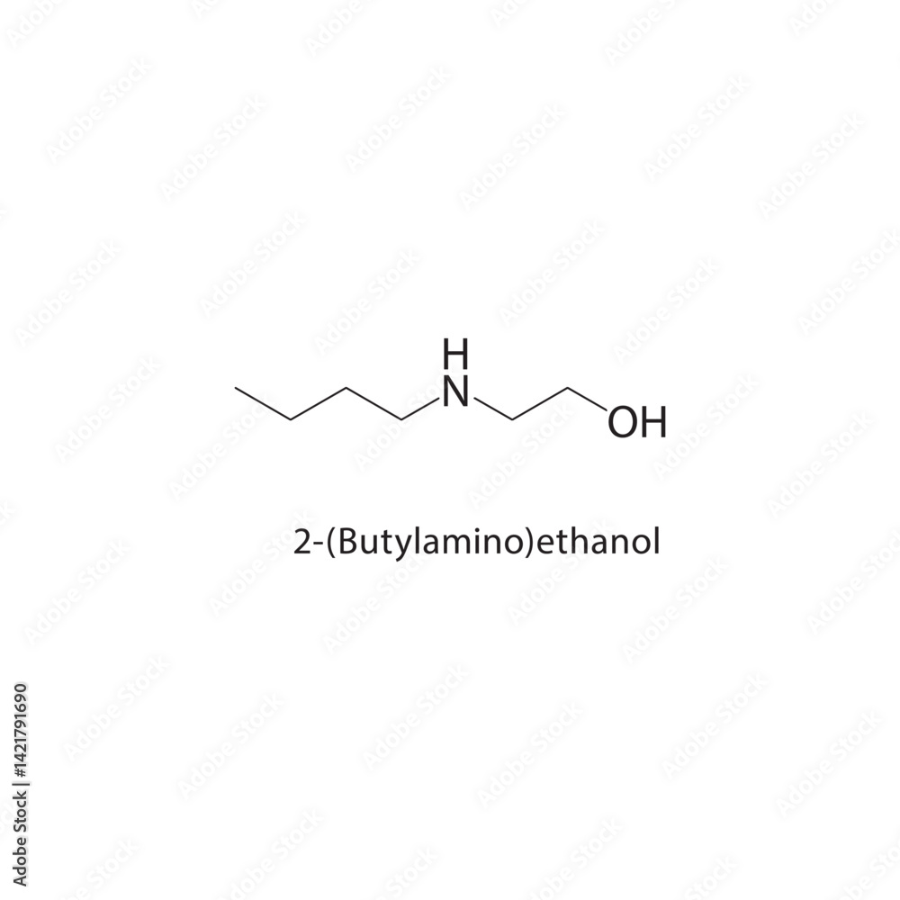 2-(Butylamino)ethanol skeletal structure. Amine compound schematic illustration. Simple diagram, chemical formula. 2-(Butylamino)ethanol skeletal structure. Amine compound schematic illustration. Simple diagram, chemical formula.