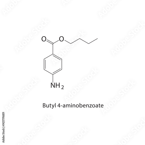 Butyl 4-aminobenzoate skeletal structure. Ester compound schematic illustration. Simple diagram, chemical formula.