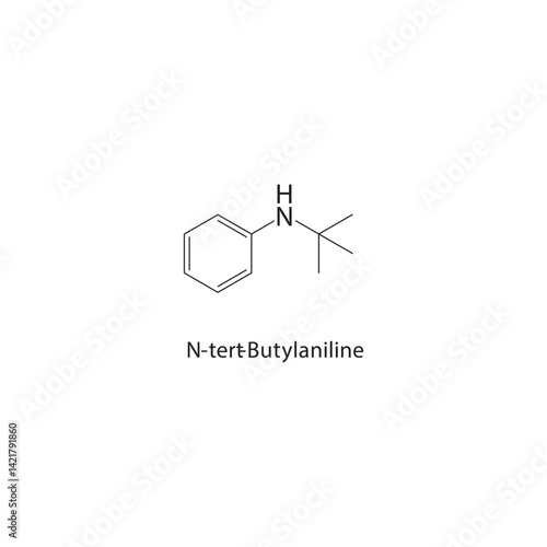 N-tert-Butylaniline skeletal structure. Aromatic amine compound schematic illustration. Simple diagram, chemical formula.