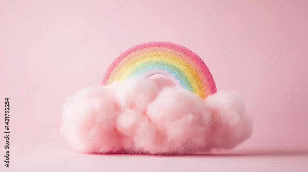 A whimsical scene featuring a vibrant rainbow emerging from a fluffy pink cloud against a soft pastel background, evoking a dreamy and playful atmosphere suitable for children's themes A whimsical scene featuring a vibrant rainbow emerging from a fluffy pink cloud against a soft pastel background, evoking a dreamy and playful atmosphere suitable for children's themes