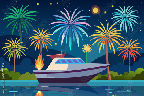 Konstfotografi "Boat Under Fireworks at Night – Tropical Lake Celebration Vector Illustration"