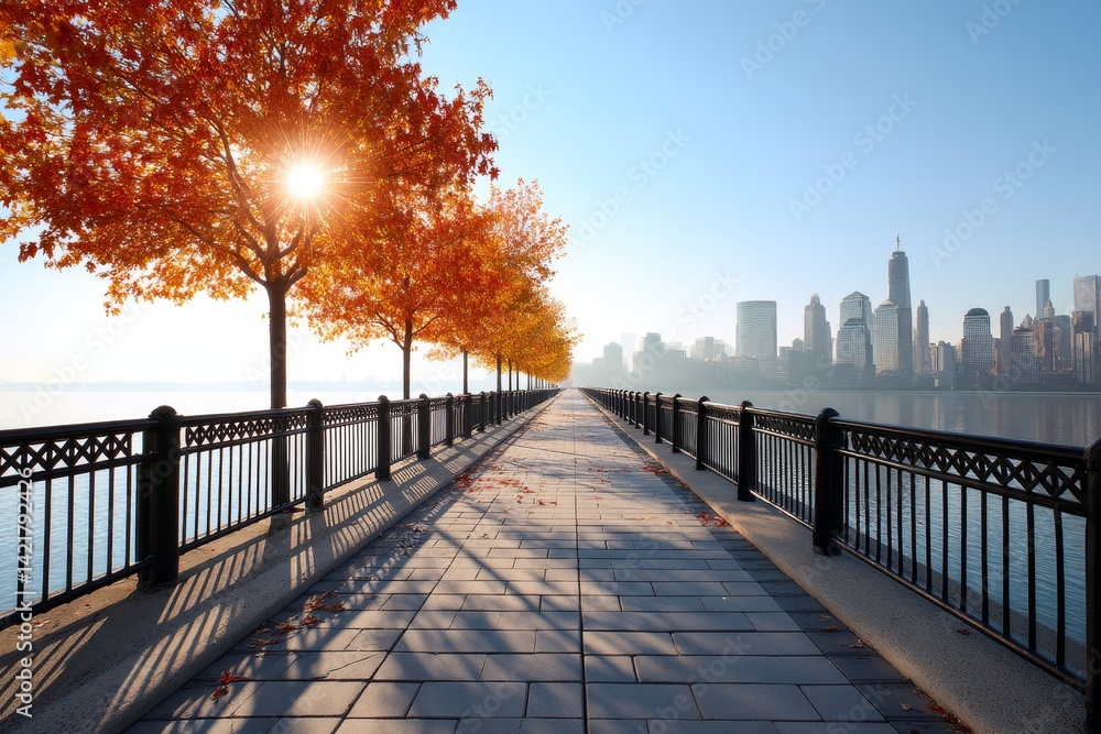 Fototapeta premium Autumn Cityscape Walkway - Tranquil autumn morning scene, showcasing a paved walkway lined with vibrant red trees, leading towards a cityscape by the water