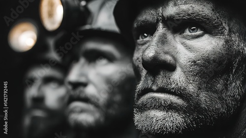 Three miners with dirty faces wearing headlamps looking ahead in a dark setting.
