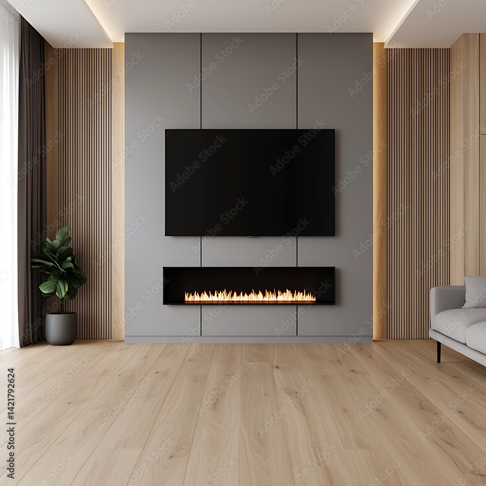 Modern Living Room Interior Design: Minimalist Space with Fireplace, Television, and Wood Paneling for a Relaxing Atmosphere.