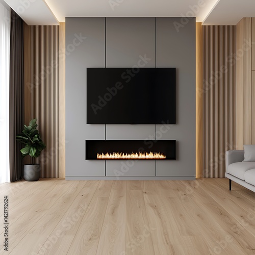 Obraz na płótnie Modern Living Room Interior Design: Minimalist Space with Fireplace, Television, and Wood Paneling for a Relaxing Atmosphere. w salonie