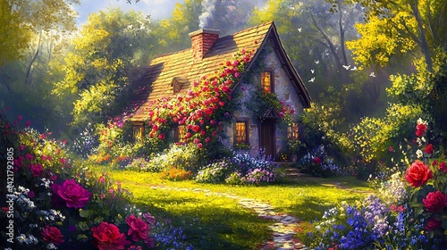 Fototapeta Naklejka Na Ścianę i Meble -  A_cottage_in_a_spring_meadow_covered_in_climbing flowers