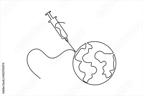 Continuous one line drawing of Vaccine and syringe outline art vector illustration