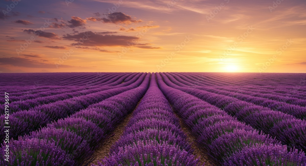 Lavender field rows stretch to the horizon under a vibrant sunset sky. Lavender field rows stretch to the horizon under a vibrant sunset sky.