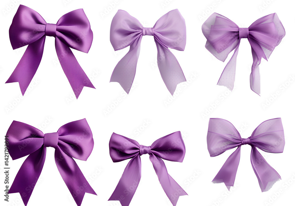 Set of purple bows with dots, isolated on a transparent background Set of purple bows with dots, isolated on a transparent background