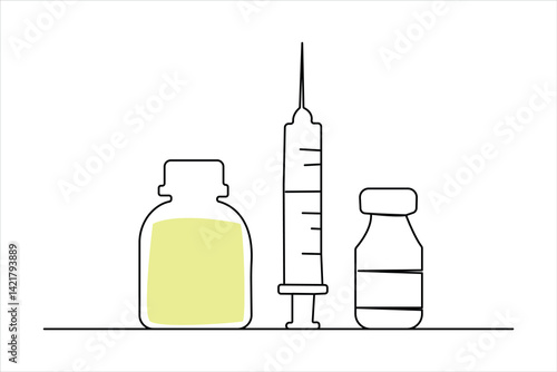 Continuous one line drawing of Vaccine and syringe outline art vector illustration