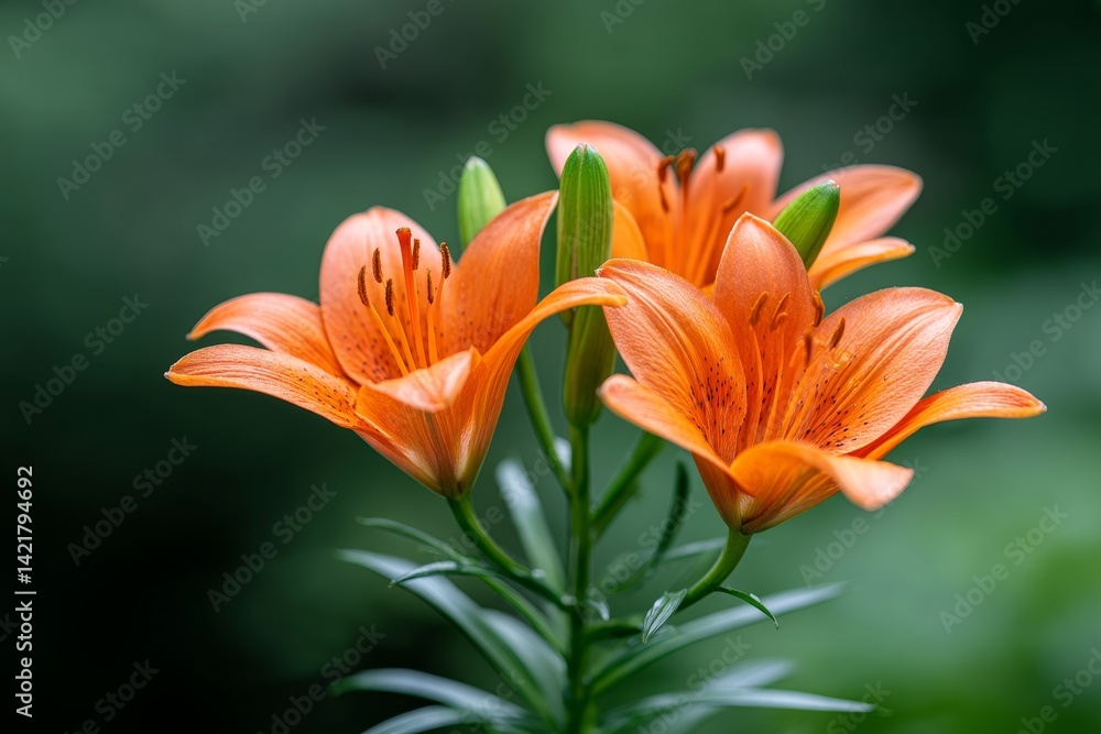 Blooming Orange Lilies in Lush Green - Three vibrant orange lilies in full bloom, symbolizing beauty, purity, passion, joy, and summer. A stunning of nature's elegance Blooming Orange Lilies in Lush Green - Three vibrant orange lilies in full bloom, symbolizing beauty, purity, passion, joy, and summer. A stunning of nature's elegance