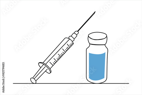 Continuous one line drawing of Vaccine and syringe outline art vector illustration