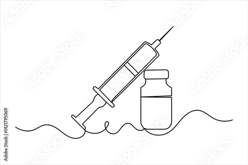 Continuous one line drawing of Vaccine and syringe outline art vector illustration