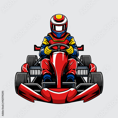 Go-Kart red color sports automotive isolated with man driver on a light background for poster, t-shirt print, business element, social media content, blog, sticker, vlog, and card