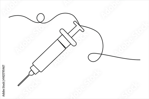 Continuous one line drawing of Vaccine and syringe outline art vector illustration