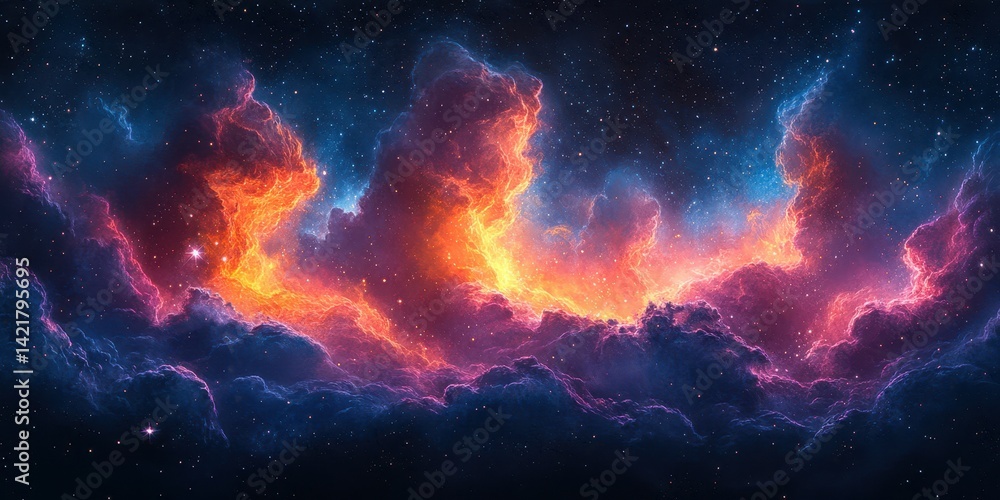 Colorful nebula in deep space with vibrant clouds and stars illuminating the night sky Colorful nebula in deep space with vibrant clouds and stars illuminating the night sky