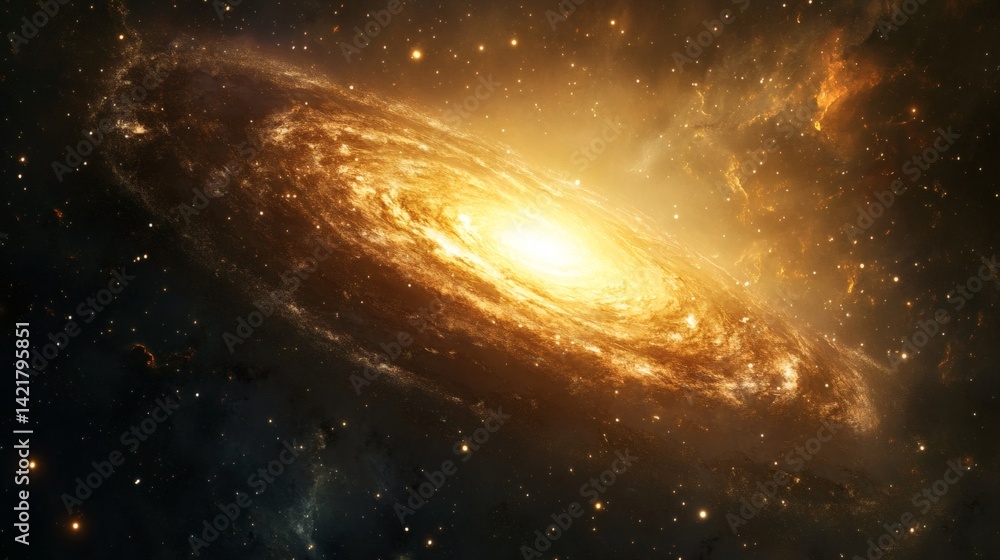 Fototapeta premium Golden Spiral Galaxy, Cosmic Dust, Space Exploration, Stellar Background, Science Illustration