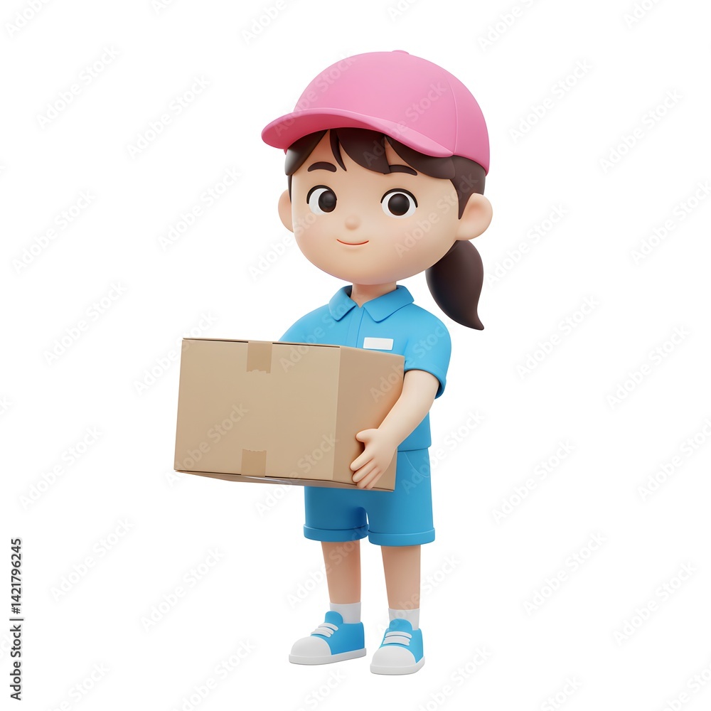 Miniature delivery worker holding box, wearing uniform and cap Miniature delivery worker holding box, wearing uniform and cap