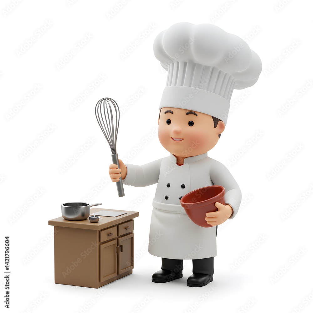 Chibi chef holding whisk and bowl with toque hat and apron, near mini counter Chibi chef holding whisk and bowl with toque hat and apron, near mini counter