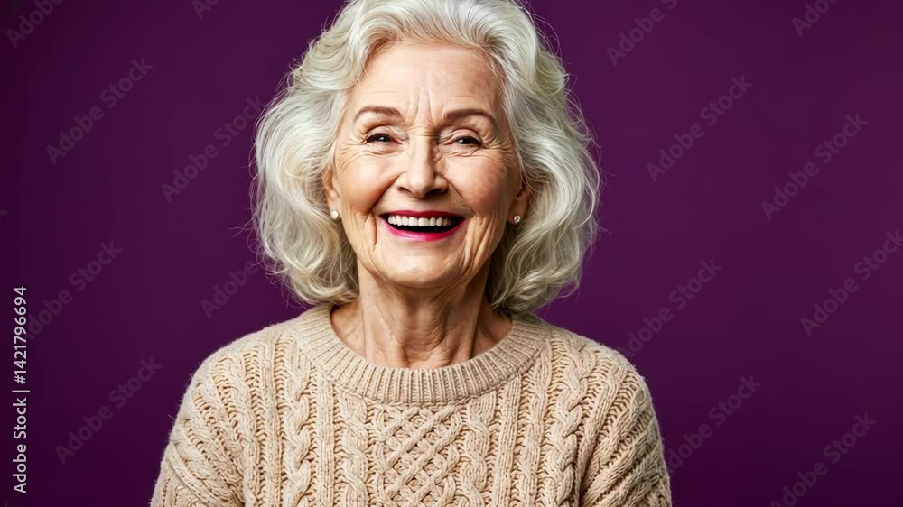 Smiling elderly woman in a cozy sweater against a purple background. Smiling elderly woman in a cozy sweater against a purple background.