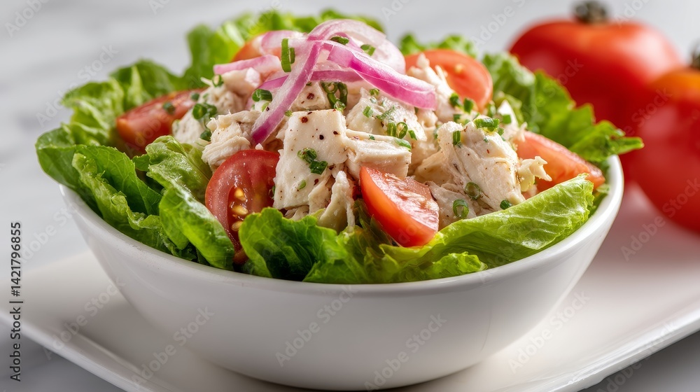 Chicken Salad Bowl with Romaine and Tomatoes - Refreshing chicken salad bowl featuring romaine lettuce, juicy tomatoes, and a vibrant red onion topping. Light, healthy Chicken Salad Bowl with Romaine and Tomatoes - Refreshing chicken salad bowl featuring romaine lettuce, juicy tomatoes, and a vibrant red onion topping. Light, healthy