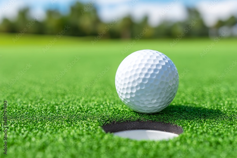 Close Up Golf Ball on Green Putting Surface - Precision, accuracy, success, challenge, and victory are symbolized in this close-up of a golf ball near the cup on a putting green