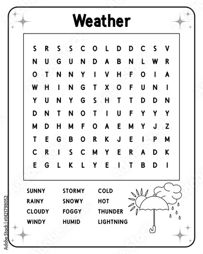 Word search game for children. Educational puzzle. Printable worksheet. Coloring page for kids. Find words in a table. Vector illustration.
