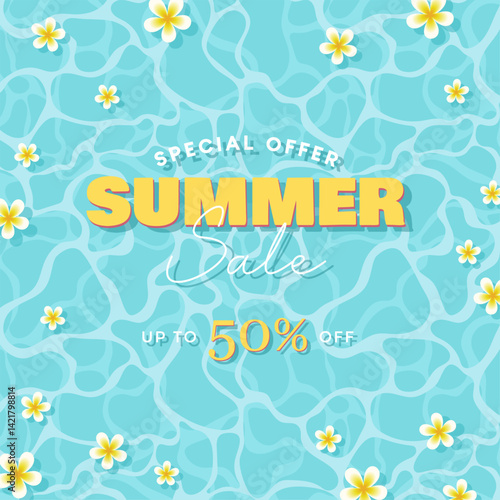 Special offer summer sale discount with summer pool and flowers for social media promotion and shopping event. Top view summer sale vector illustration with swimming pool theme
