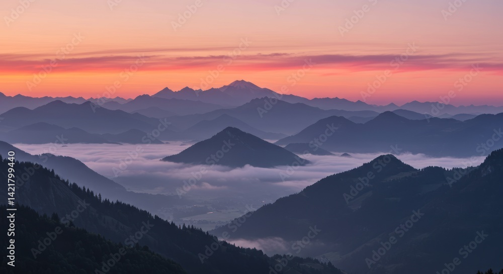Mountain range landscape with fog in valley under colorful sky at dusk. Mountain range landscape with fog in valley under colorful sky at dusk.