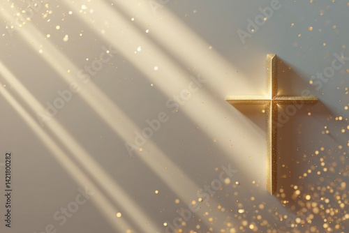 Golden Cross with Light Rays and Confetti