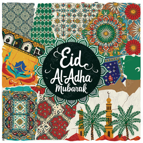Colorful Eid Mubarak card with rich, detailed patterns and traditional Islamic art elements