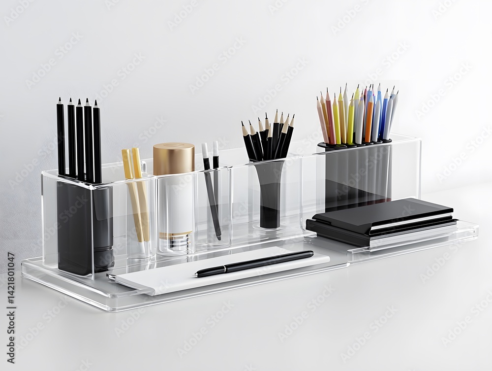 Obraz premium Organized desktop stationery desk accessories with pens pencils notebooks and storage containers for workspace and office supplies