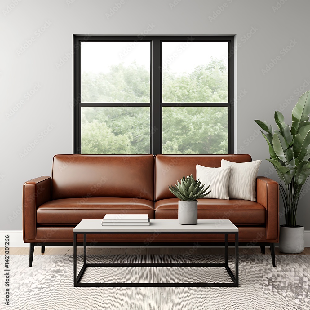 Modern Living Room Interior with Brown Couch, Minimalist Coffee Table, and Natural Light From Window.