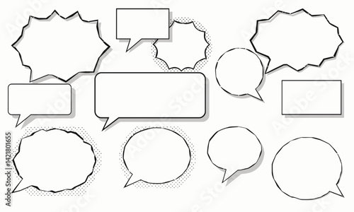 collection of various comic speech bubbles different shapes and sizes, perfect for adding dialogue or thoughts illustrations. These empty speech bubbles can enhance storytelling and creativity