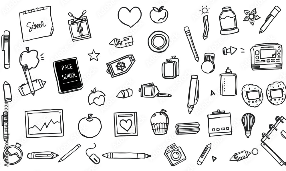 collection of hand drawn school related doodles including apples, pencils, notebooks, and various stationery items, evoking creative and educational atmosphere collection of hand drawn school related doodles including apples, pencils, notebooks, and various stationery items, evoking creative and educational atmosphere
