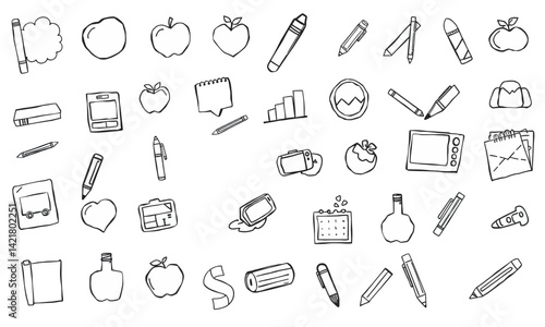 collection of hand drawn school supplies and items including apples, pencils, notebooks, and charts, evoking creative and educational atmosphere