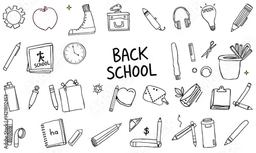 collection of hand drawn school related items including pencils, notebooks, clock, and various stationery, evoking sense of nostalgia and excitement for back to school season