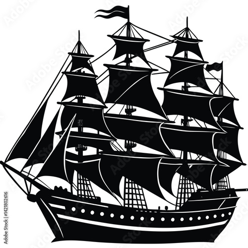 Black Silhouette of a Tall Ship: Vintage Sailing Vessel Illustration, Nautical Art