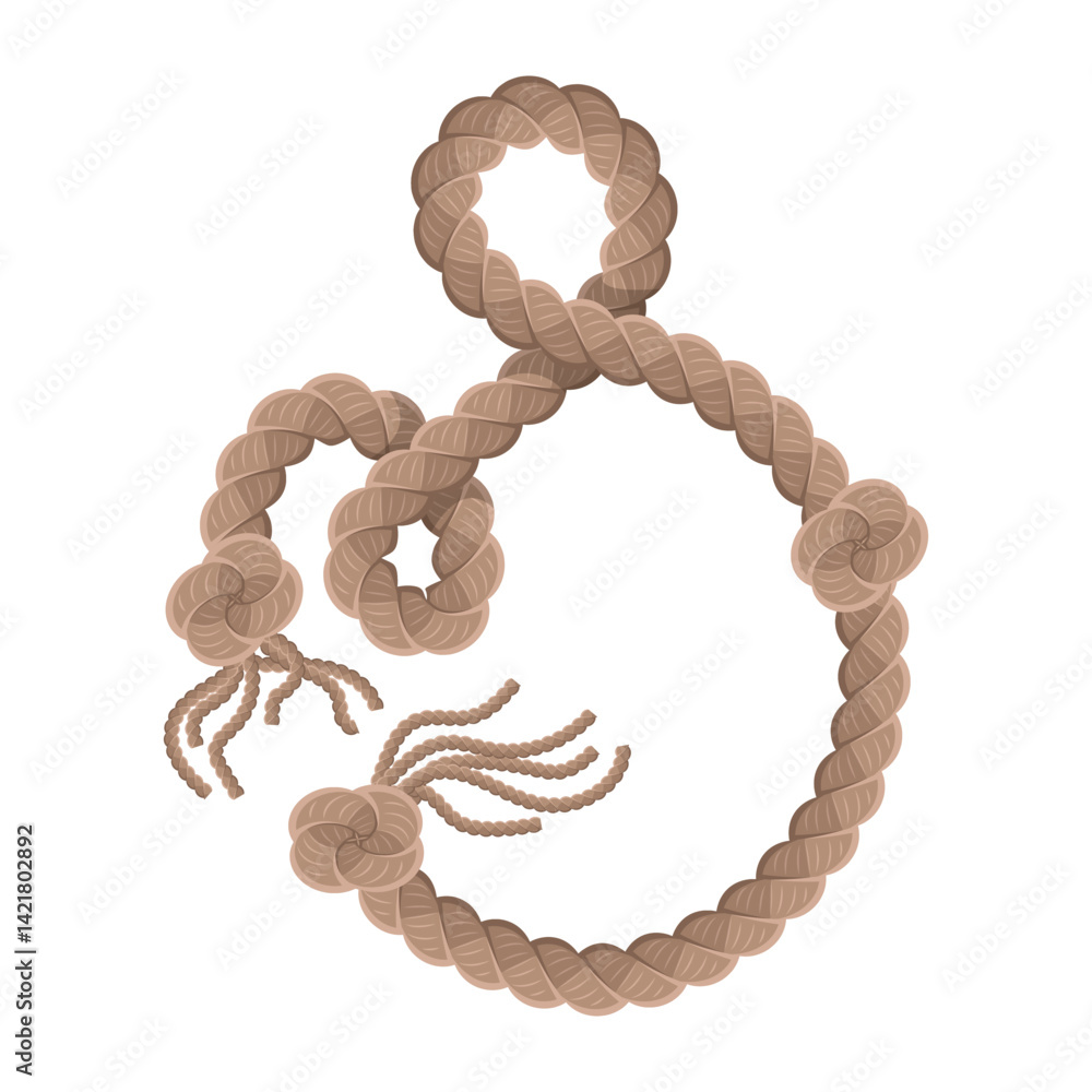 Hanging rope with tassel and node. Knitted nautical thread or marine vertical fiber. Textile tassel hang at rope isolated on white background. Vector illustration