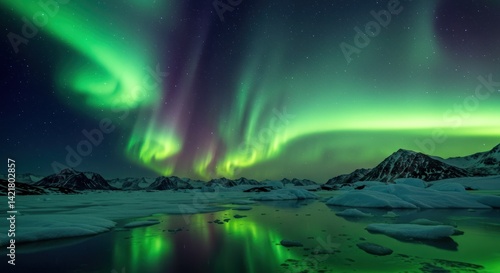 Wallpaper Mural Northern lights aurora borealis over icy landscape with water reflection at night. Torontodigital.ca